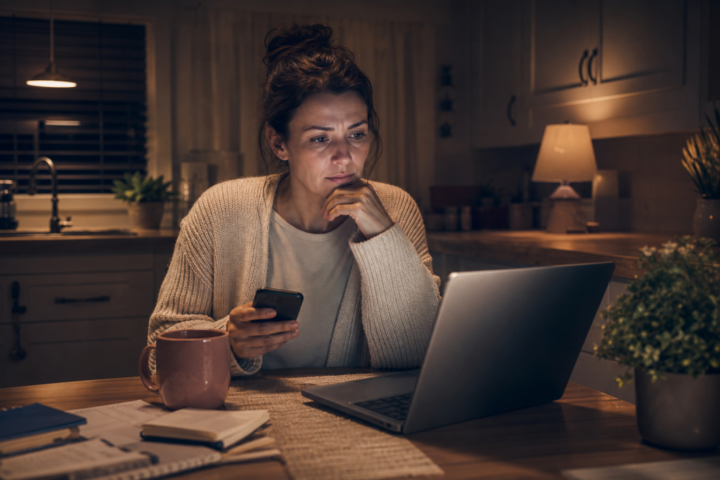Parent sitting alone at night with a phone and laptop researching treatment options for a family member