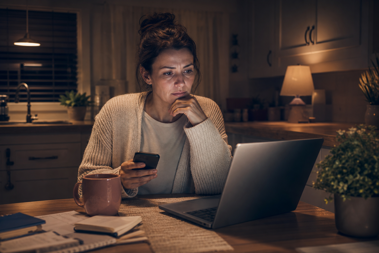 The Family Google Search That Decides Which Treatment Center Gets the Call 1 Parent sitting alone at night with a phone and laptop researching treatment options for a family member