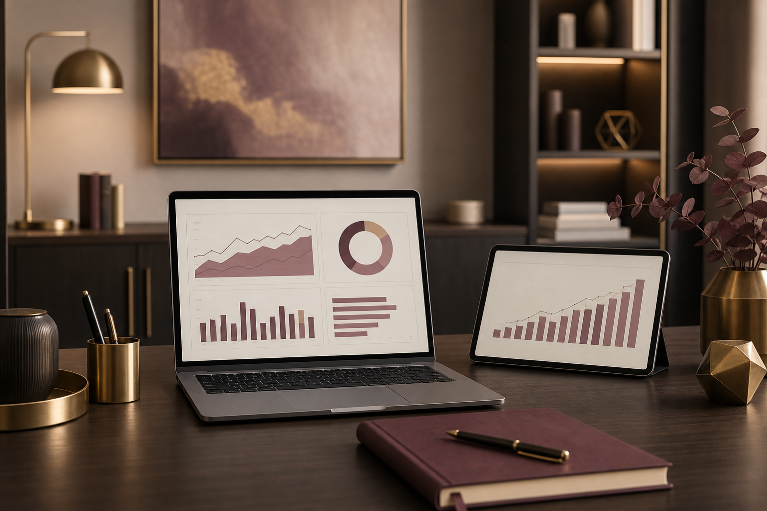 Why Google Ads for Financial Advisors Burns Budget Without a Compliance-Built Landing Page 1 Financial advisor office desk with laptop and tablet showing analytics dashboards representing compliant PPC marketing