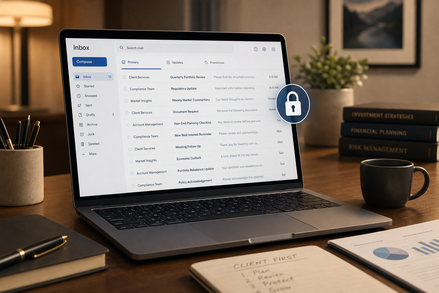 Email Marketing for Financial Advisors: What the SEC Marketing Rule Actually Requires You to Keep 1 A financial advisor's laptop showing an email inbox with a small lock icon overlay, representing email compliance recordkeeping