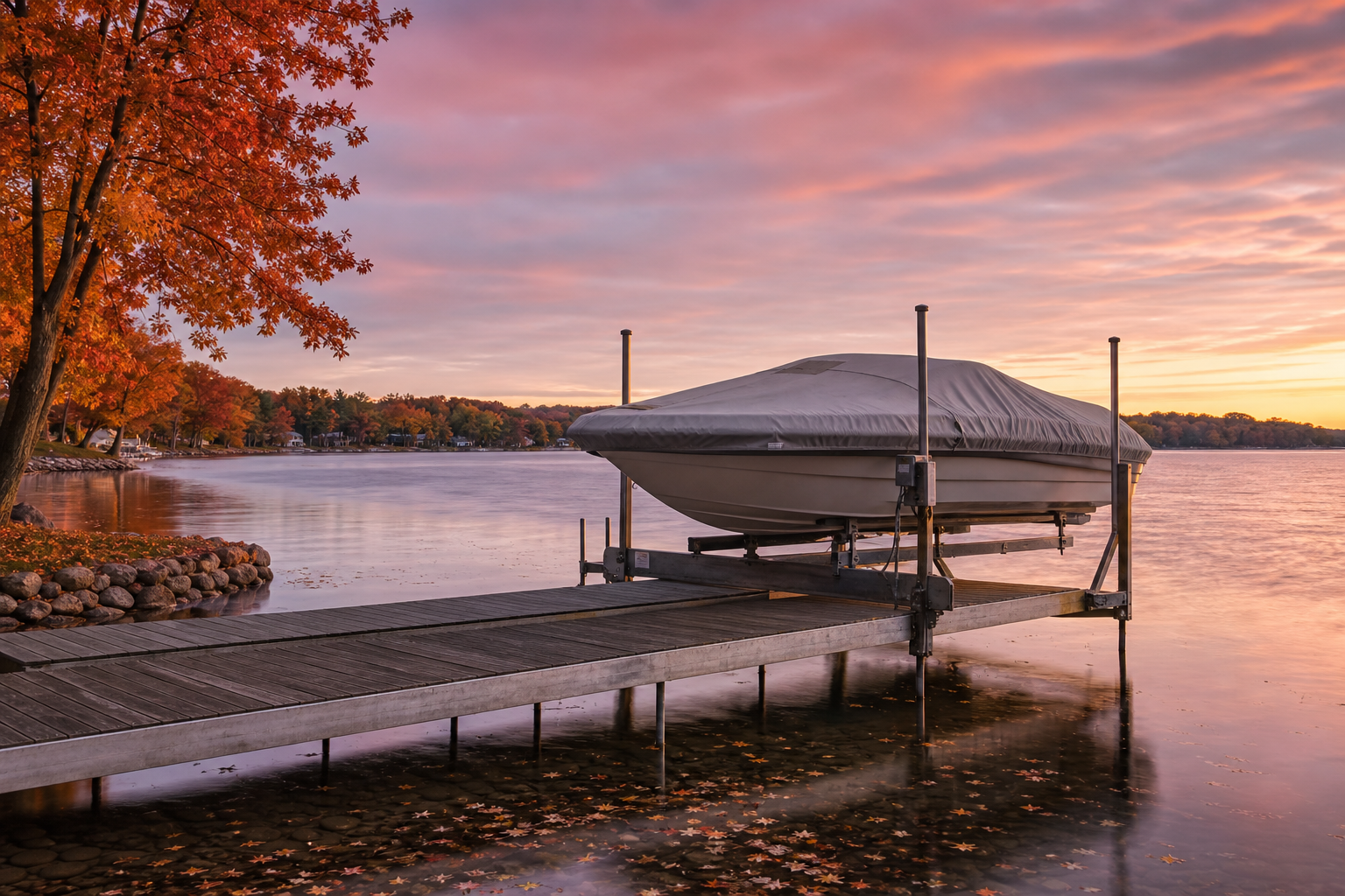 Seasonal Revenue Swings Are Not Inevitable: How Contractors Build a Pipeline That Does Not Empty in the Off Season 1 Boat dock and lift on a Minnesota lake in autumn representing year round contractor marketing pipeline