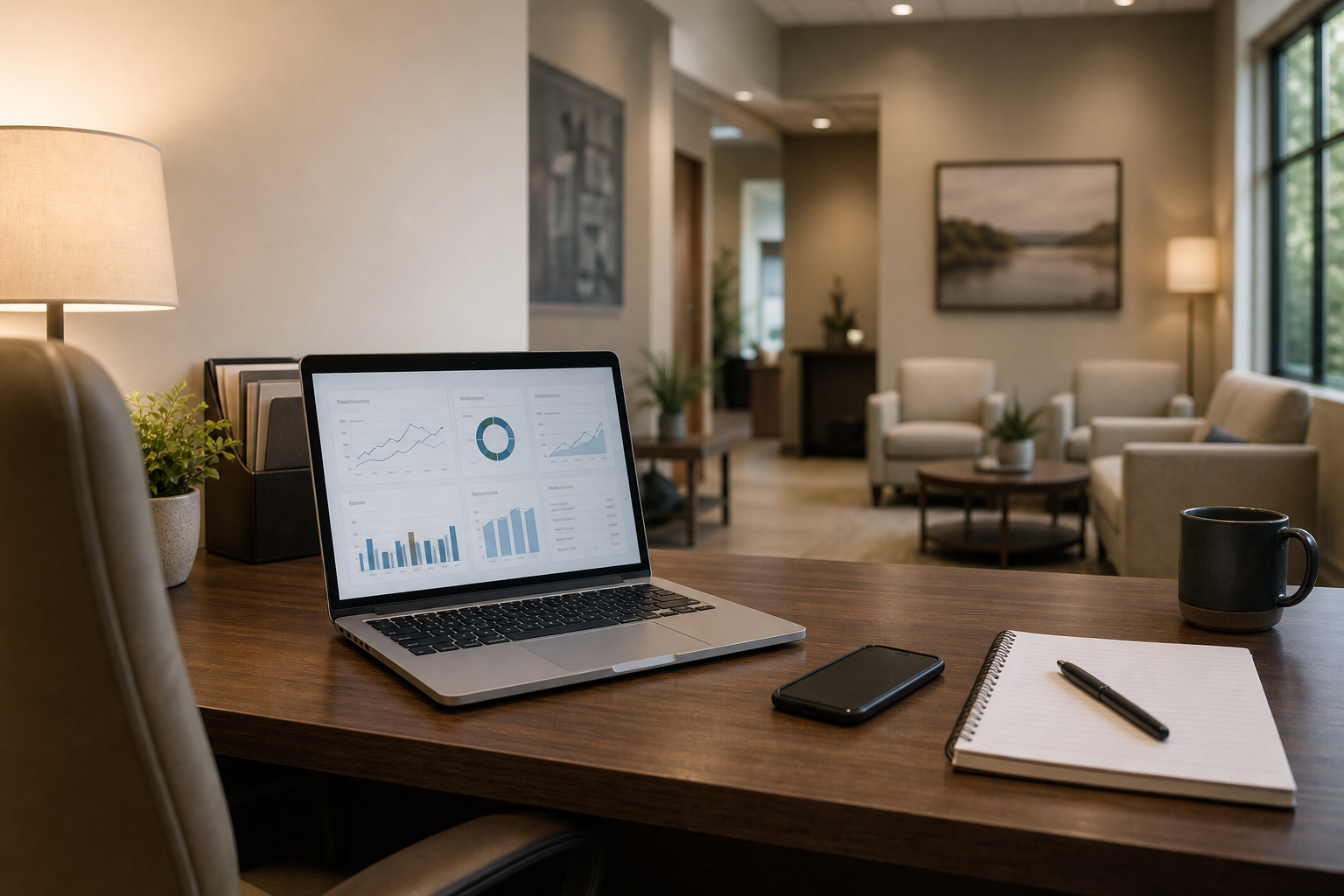 Why Google Ads for Treatment Centers Burns Budget Without LegitScript and a Compliance-Safe Landing Page 1 Admissions office desk with laptop showing a simple analytics dashboard, representing compliant Google Ads tracking for a treatment center