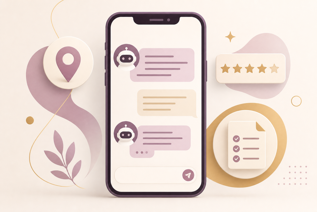 Smartphone AI chat assistant with map pin star review and checklist icons representing AI search recommendation signals