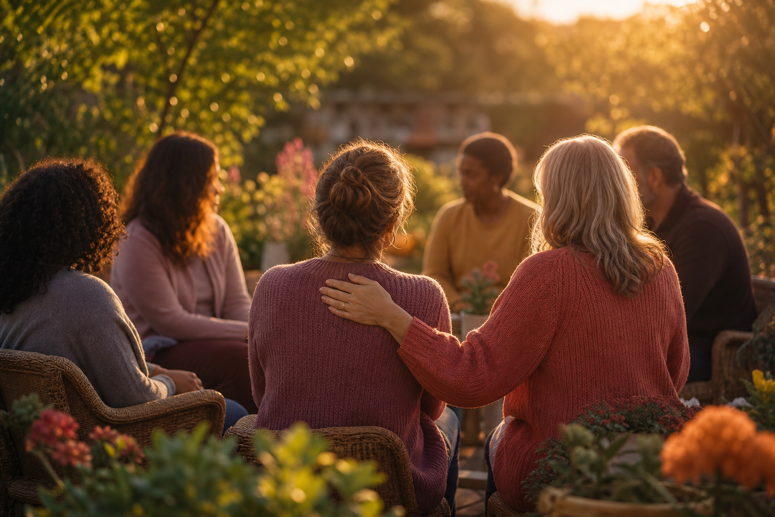 Alumni Program Marketing: The Referral Pipeline Most Treatment Centers Never Build 1 A small support circle of adults sitting together outdoors at golden hour in a garden, representing an ongoing alumni recovery community