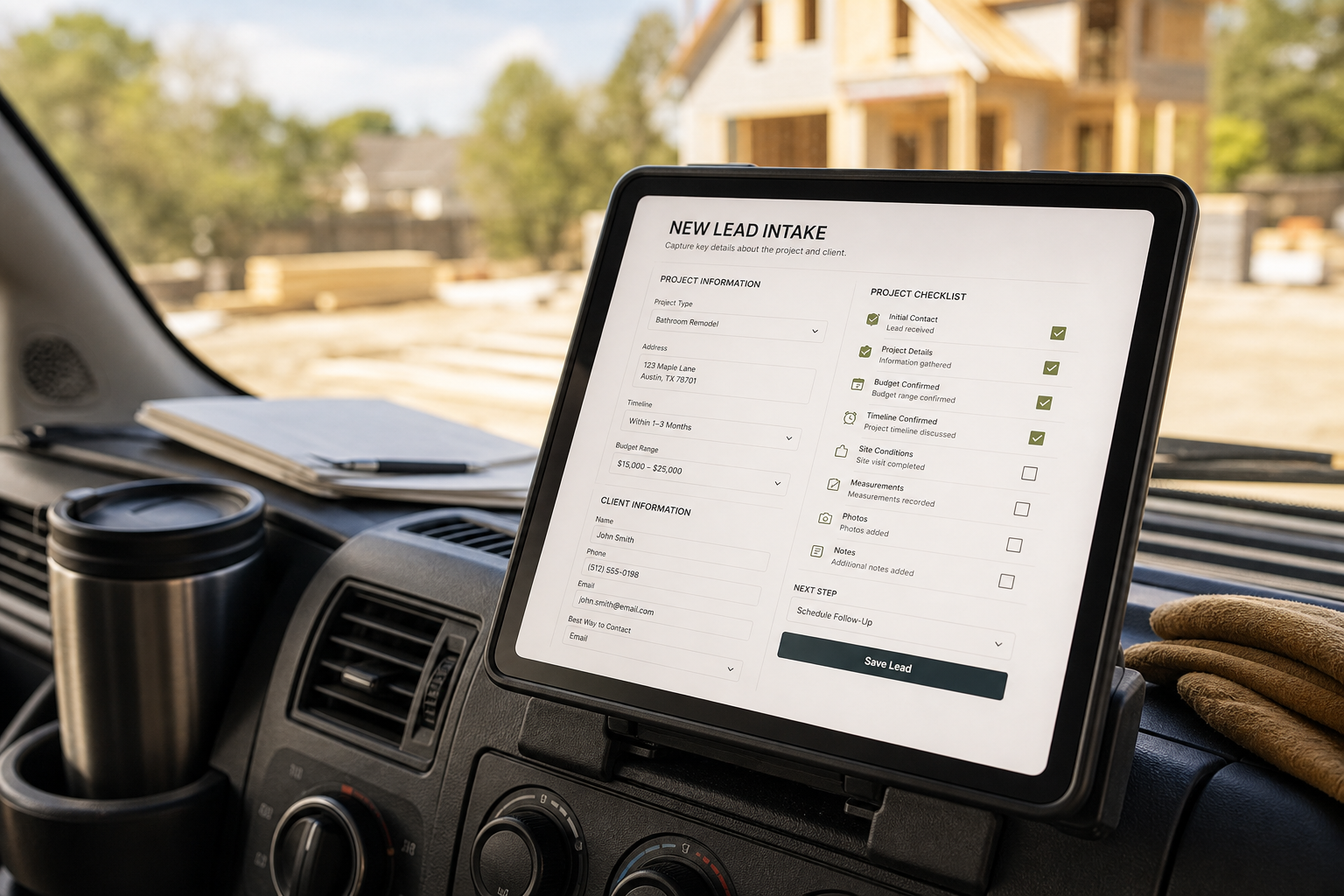 Why Contractor Website Leads Never Turn Into Booked Jobs 1 A contractor's tablet on a truck dashboard showing a checklist form, representing lead qualification before a job is booked