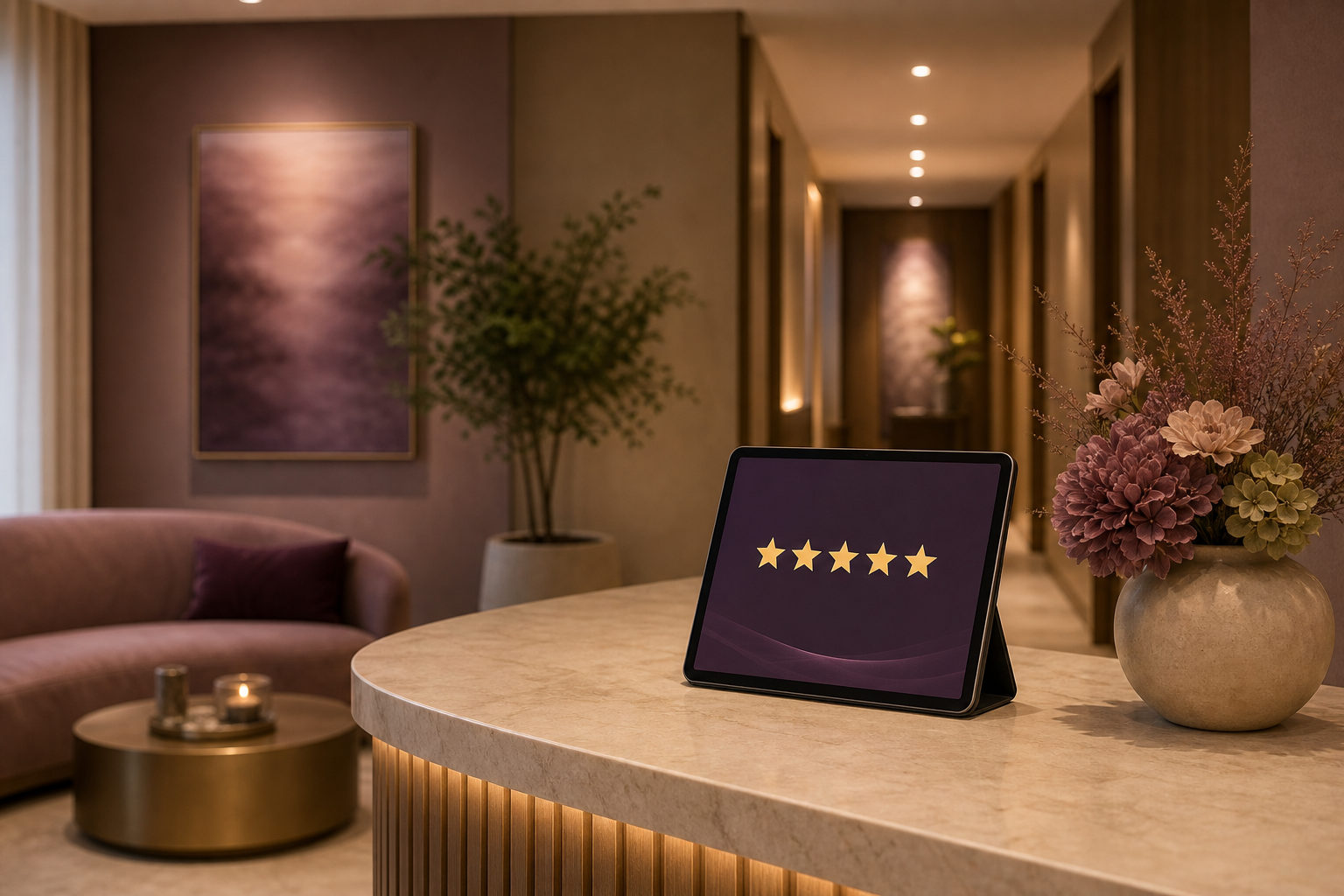Why Your Treatment Center's Google Business Profile Is Losing to Programs With Worse Outcomes 1 Treatment center reception desk with tablet showing five star review representing Google Business Profile ranking