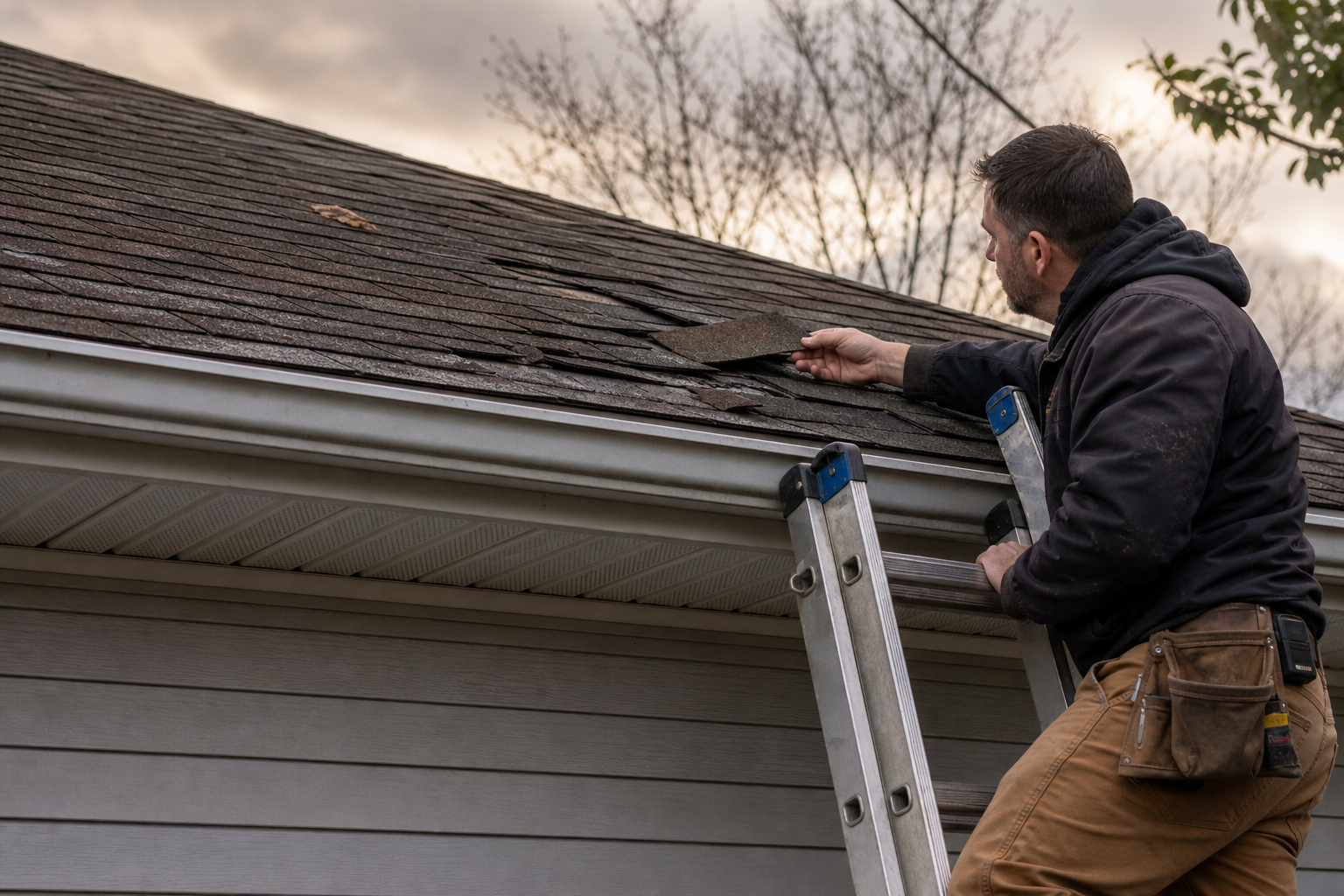 Why Roofing Contractors Lose Insurance Restoration Leads to Faster Competitors 1 Roofing contractor on a ladder inspecting storm damaged shingles representing insurance restoration speed to lead