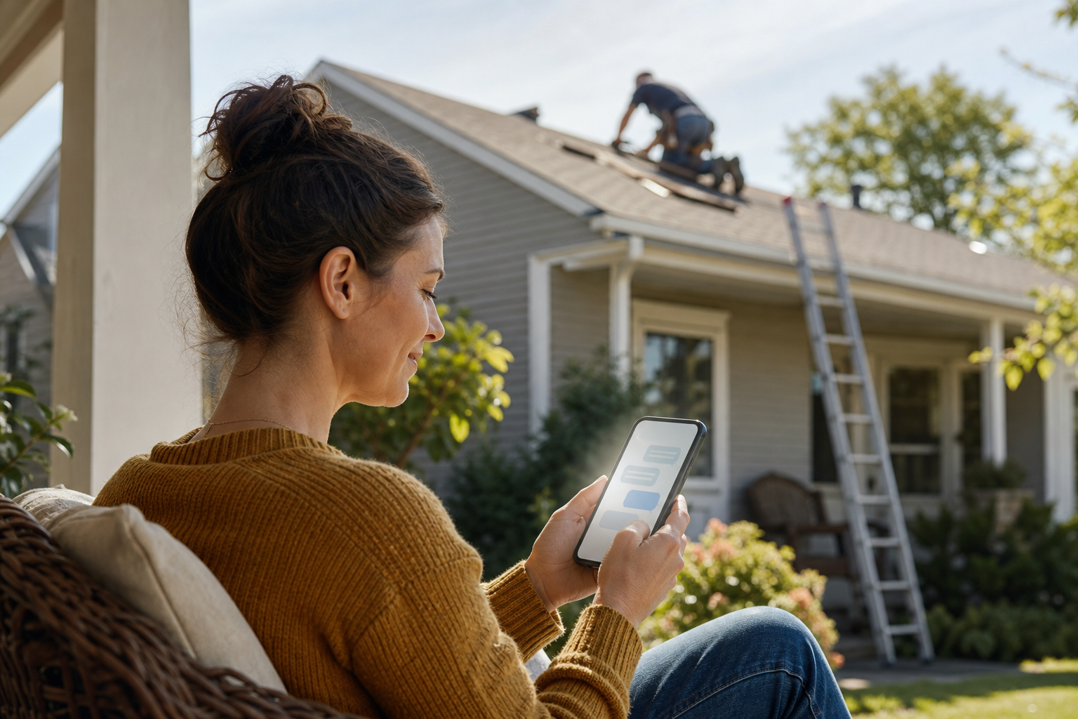 How Homeowners Use ChatGPT to Find a Roofing Contractor 1 A homeowner on a porch holding a phone with a softly glowing chat interface, roof and ladder visible in the background