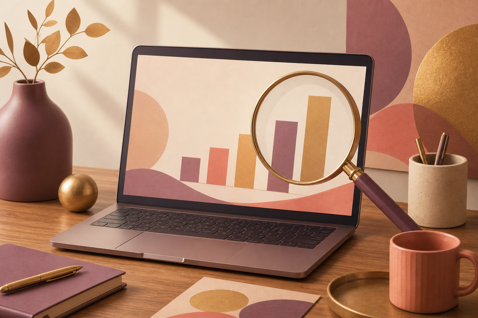 In-House Marketing vs. Agency: What It Actually Costs to Build a Marketing Team in 2026 1 A laptop on a desk showing an abstract bar chart with a magnifying glass held over it, representing comparing marketing costs