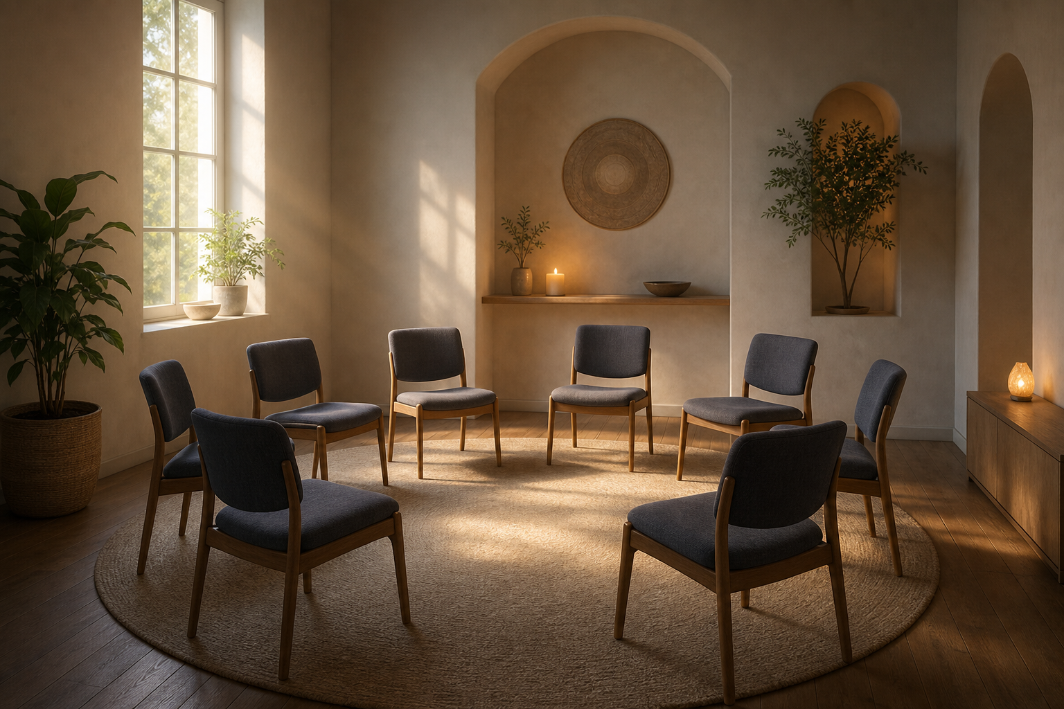 Faith-Based Addiction Treatment Marketing: Reaching Families Who Want Recovery Rooted in Their Beliefs 1 A quiet meeting room with empty chairs arranged in a circle in soft morning light, representing a gender-specific recovery community