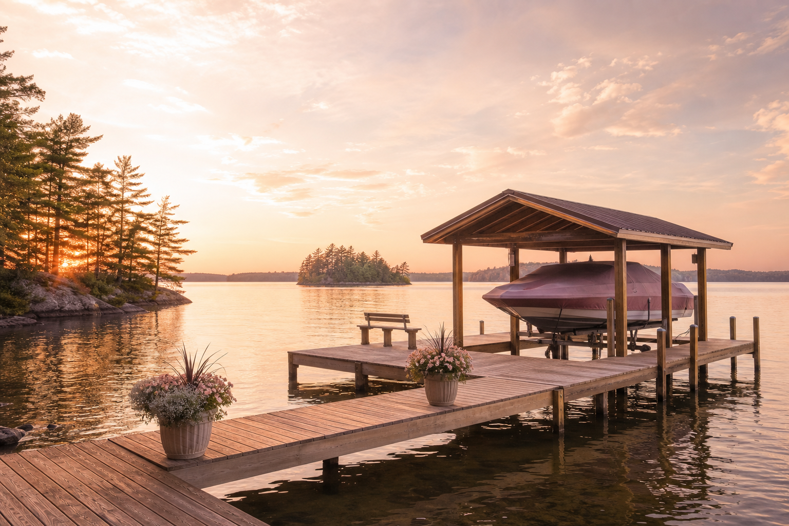 Why Dock Builders and Marine Contractors Book Out on Word of Mouth Alone, and What Happens When That Runs Out 1 Boat dock and lift on a Minnesota lake at sunset representing dock builder and marine contractor marketing