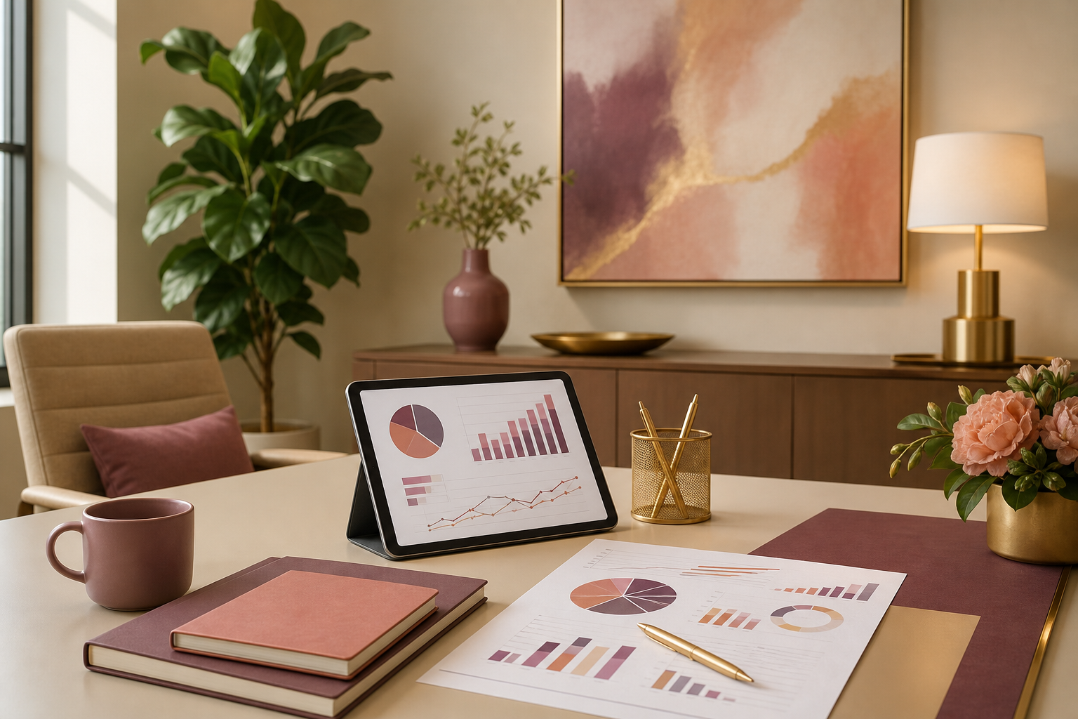 The Compliance Anxiety Tax: What Financial Advisors Lose by Not Marketing 1 Financial advisor office desk with tablet showing analytics dashboards representing compliant marketing