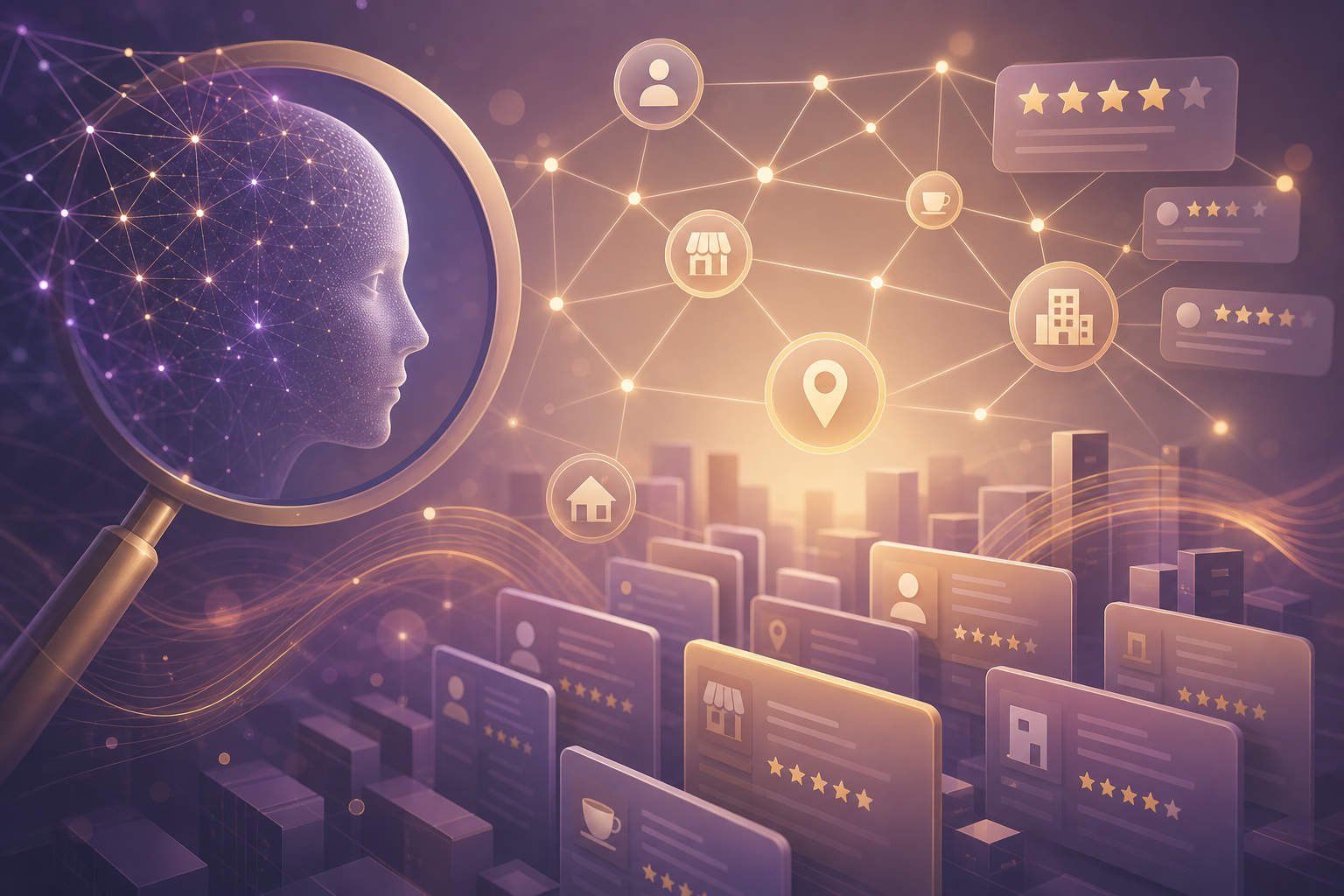 How ChatGPT and Perplexity Actually Decide Which Business to Recommend 1 Abstract glowing network of connected nodes and review stars representing AI search citation and business directories